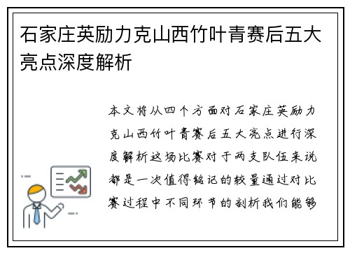 石家庄英励力克山西竹叶青赛后五大亮点深度解析